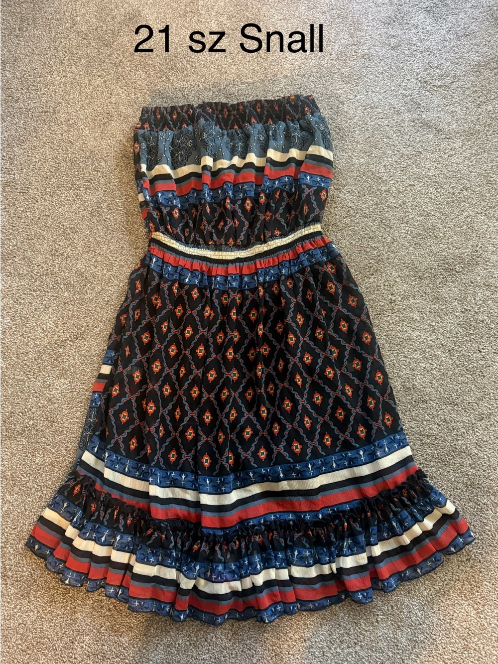21 Strapless Black Maxi Dress with Red & Blue Pattern Sz Small Dress